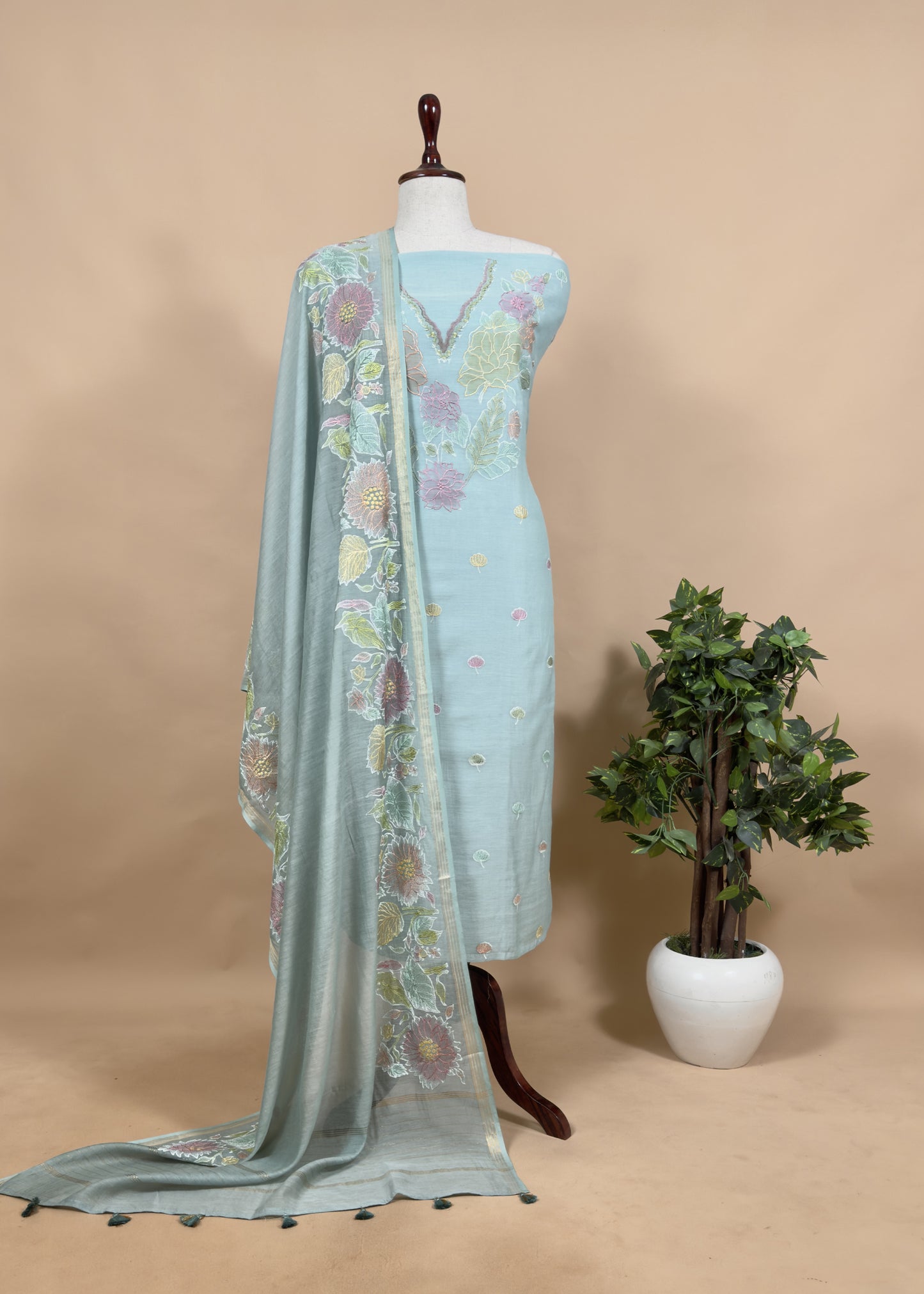 Misty Sea Green Handloom Chanderi Unstitched Suit Set With Floral Resham Embroidery