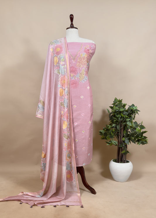 Salmon Pink Handloom Chanderi Unstitched Suit Set With Floral Resham Embroidery