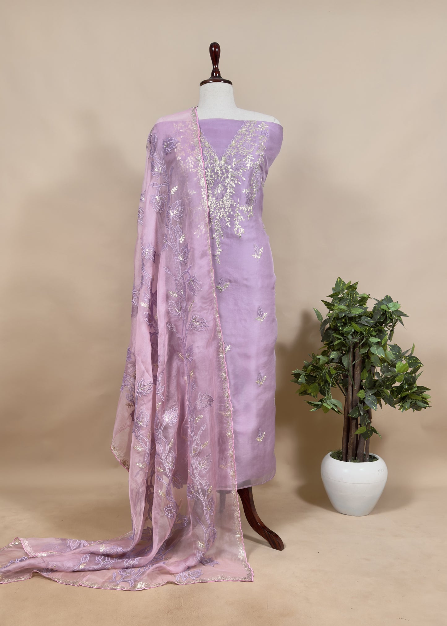 Lavender Handloom Organza Unstitched Suit With Pitta And Lotus Appliqué work