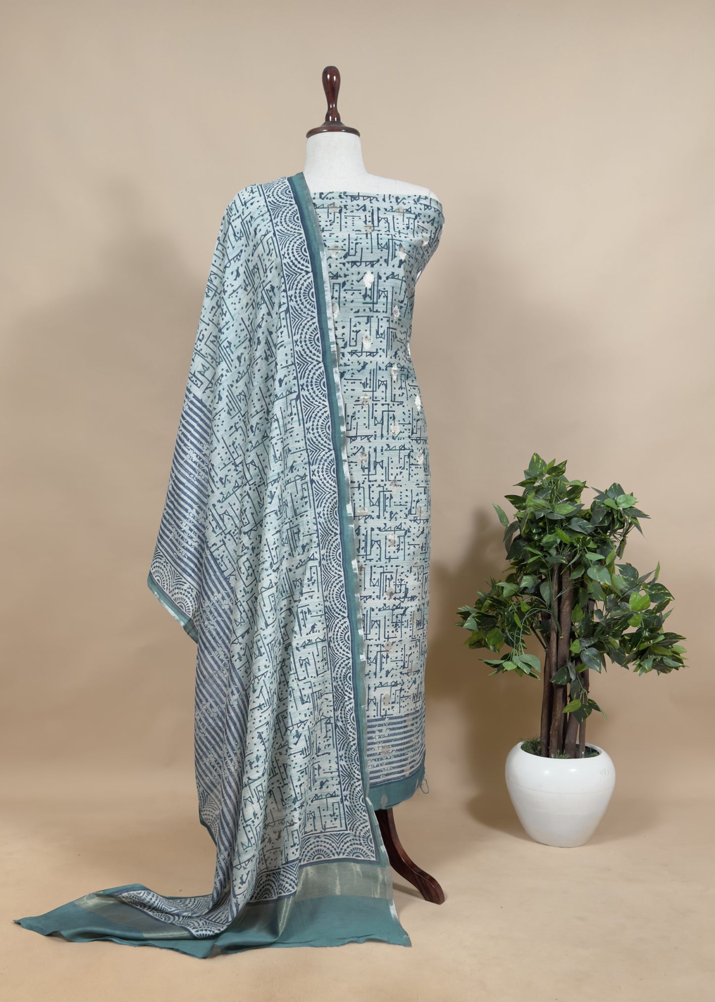 Blue Grey Handblock Maheshwari Silk With Zari Weaving