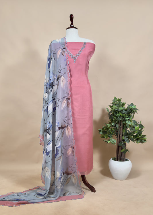 Pink Embroidered Organza Suit With Floral  Dupatta