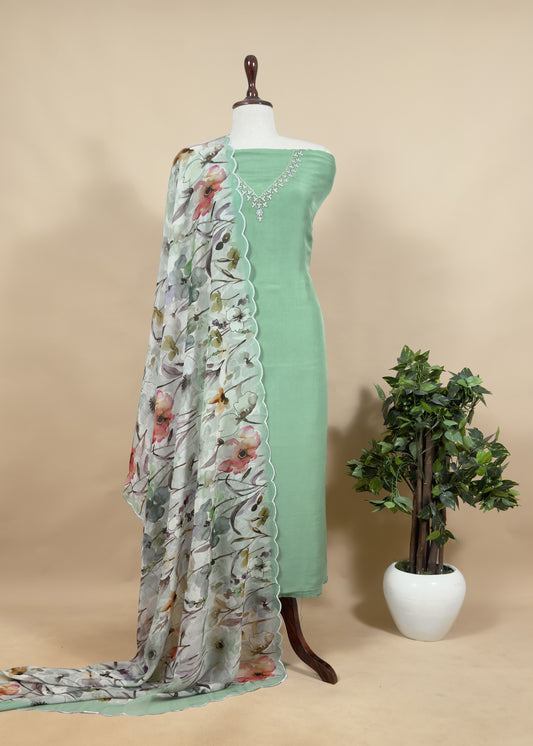 Green Embroidered Organza Suit With Floral Dupatta