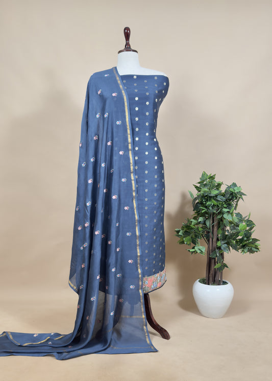 Classic Blue Handloom 70gm Chanderi Unstitched Suit Set With Multicolour Embroidery