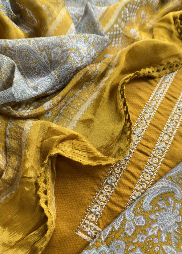 Mustard Ochre Pure Glace Cotton Kurta And Pure Chinon Paisley Dupatta With Resham Embroidery