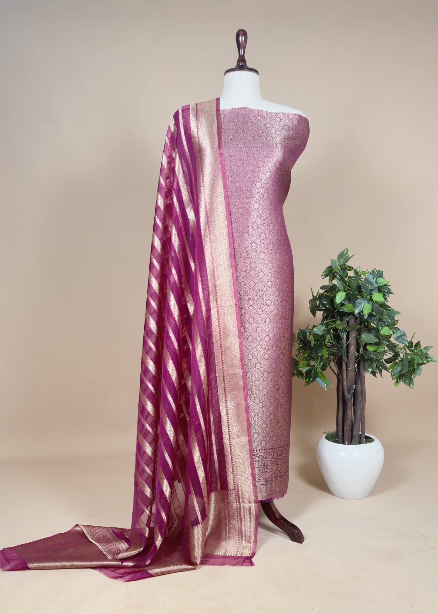 Violet Brocade Kurta With Organza Dupatta