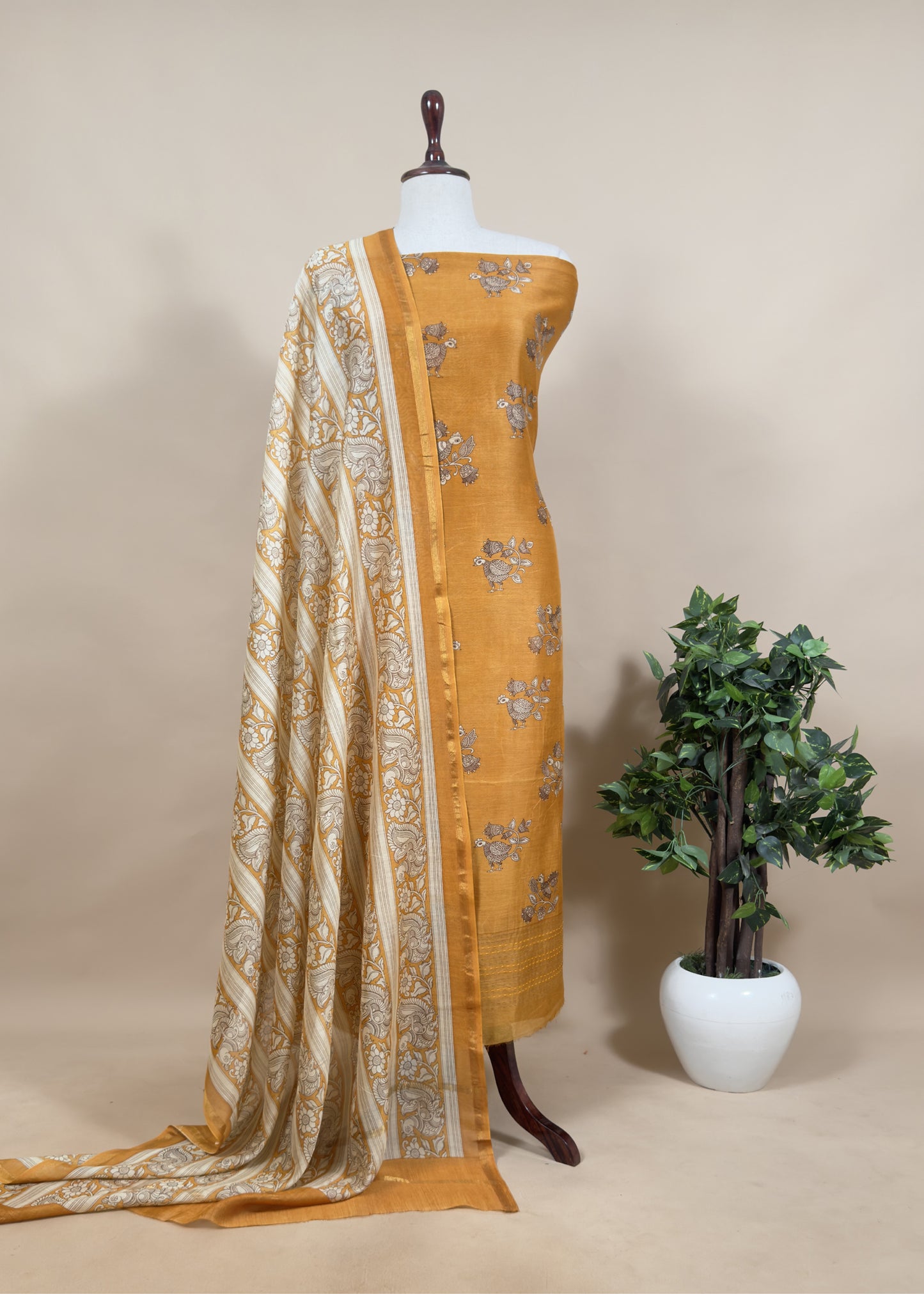 Fern Green Kantha Embroidered Maheshwari Silk Madhubani Print Unstitched Suit