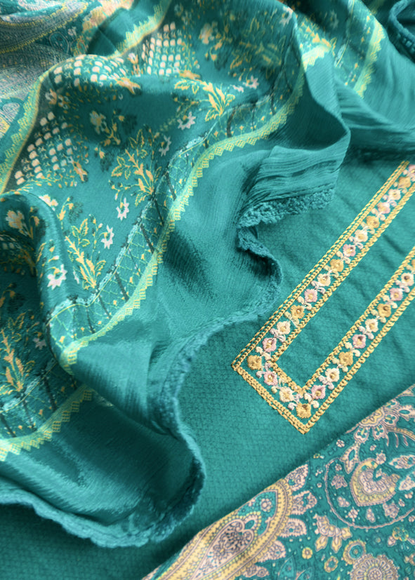Turquoise Pure Glace Cotton Kurta and Pure Chinon Paisley Dupatta with Resham Embroidery