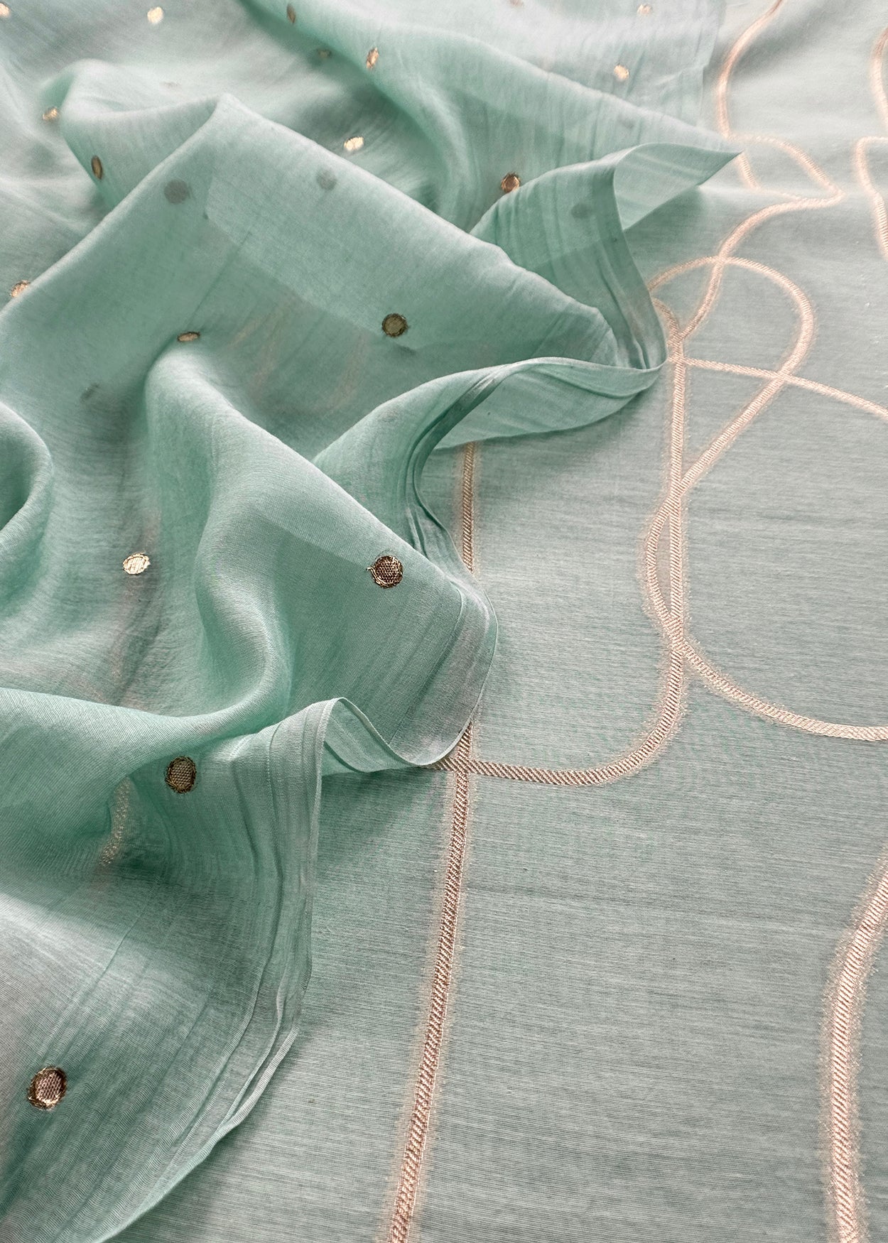 Sky Blue Handloom Mulmul Unstitched Suit With Zari Weaving And Gotapatti Polka Dots