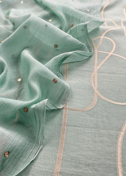 Sky Blue Handloom Mulmul Unstitched Suit With Zari Weaving And Gotapatti Polka Dots