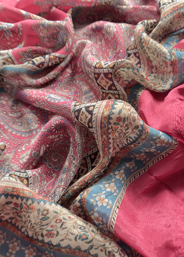 Pink Pure Glace Cotton Kurta And Pure Chinon Dupatta With Applique Work