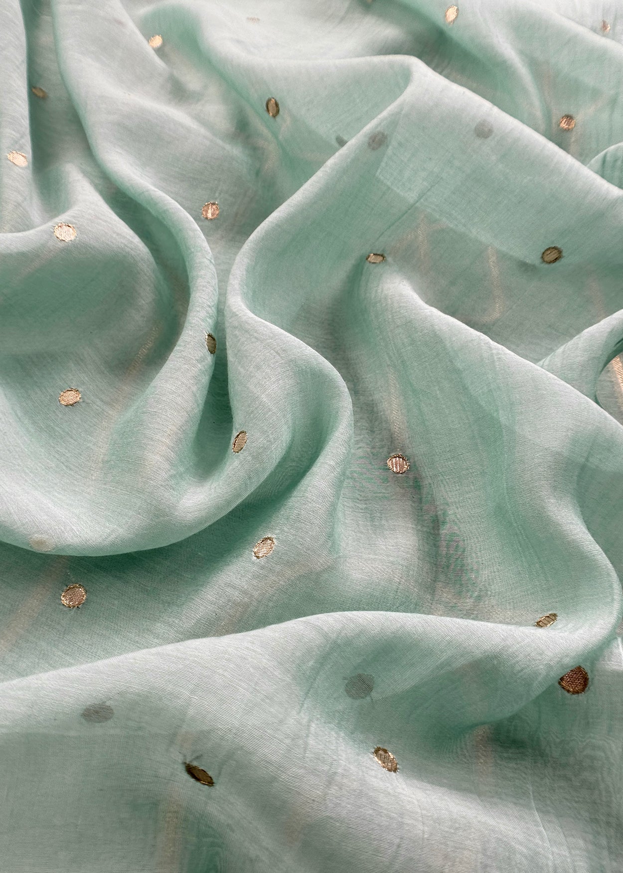 Sky Blue Handloom Mulmul Unstitched Suit With Zari Weaving And Gotapatti Polka Dots