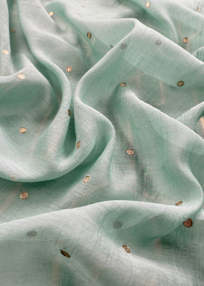 Sky Blue Handloom Mulmul Unstitched Suit With Zari Weaving And Gotapatti Polka Dots