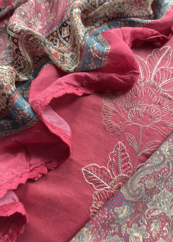 Pink Pure Glace Cotton Kurta And Pure Chinon Dupatta With Applique Work