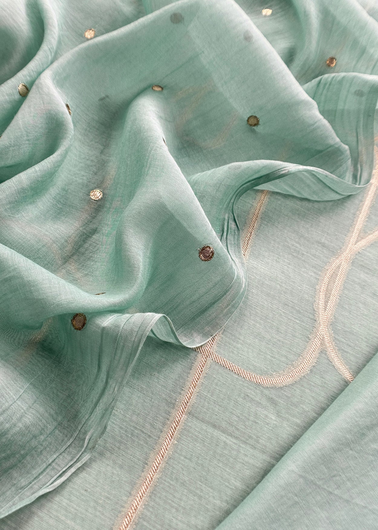 Sky Blue Handloom Mulmul Unstitched Suit With Zari Weaving And Gotapatti Polka Dots