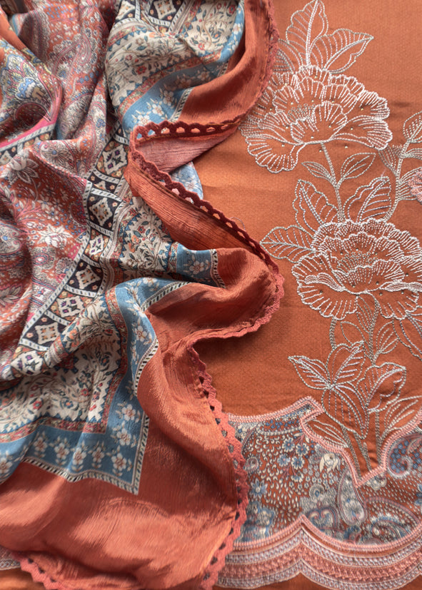 Rust Brown Pure Glace Cotton Kurta And Pure Chinon Dupatta With Applique work
