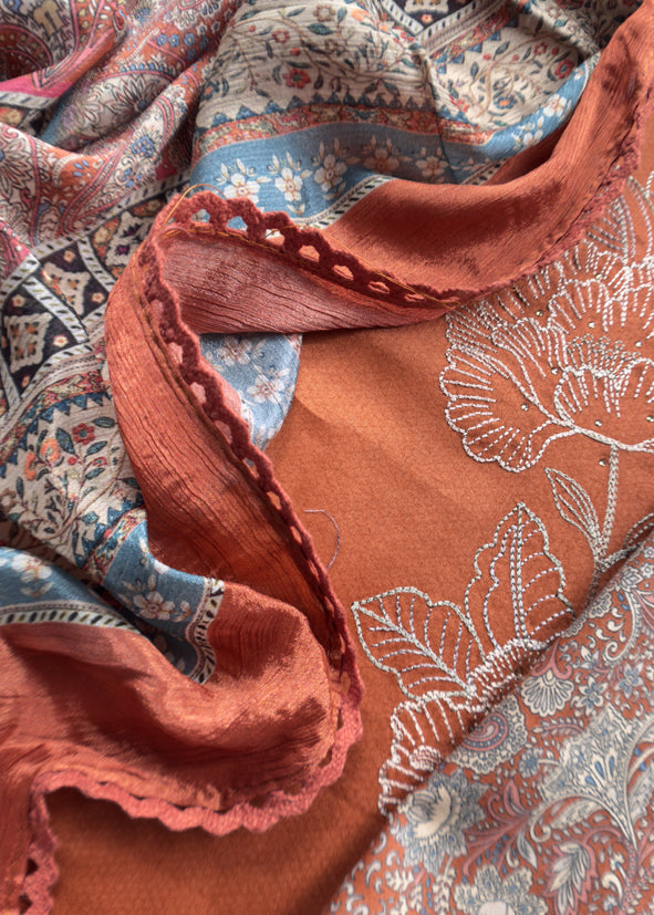 Rust Brown Pure Glace Cotton Kurta And Pure Chinon Dupatta With Applique work