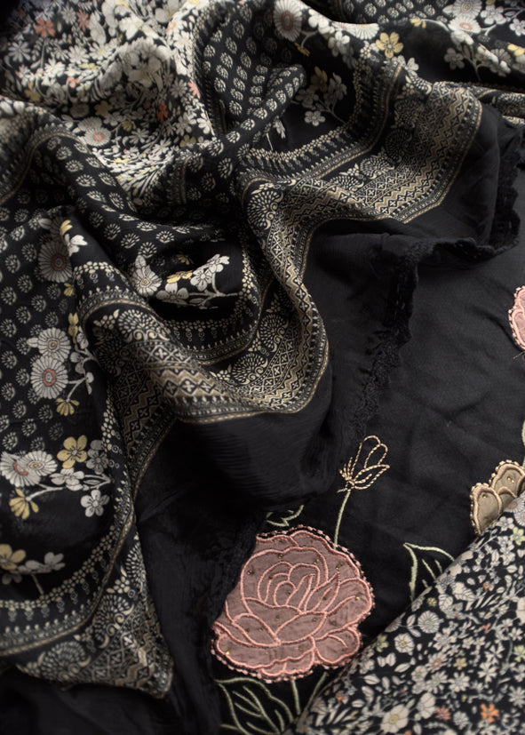 Black Pure Glace Cotton Kurta And Pure Chinon Dupatta With Applique Work