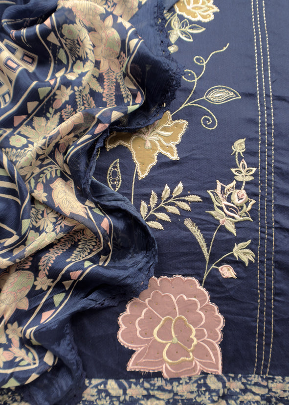 Navy Blue Pure Glace Cotton Kurta And Pure Chinon Dupatta With Applique Work