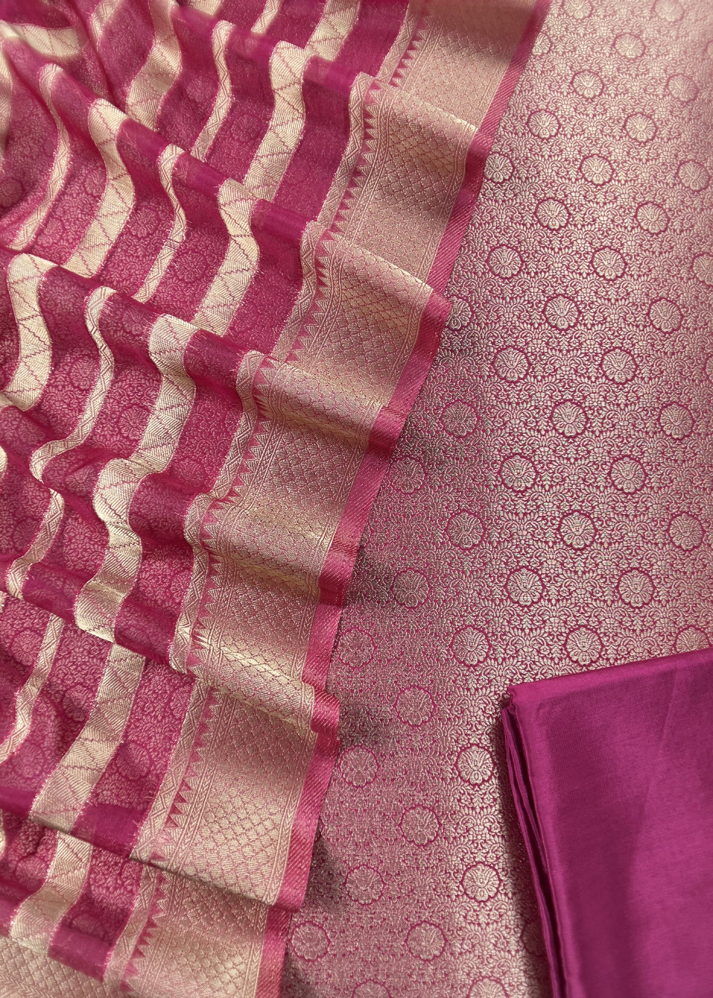 Rani Pink Brocade Kurta With Organza Dupatta