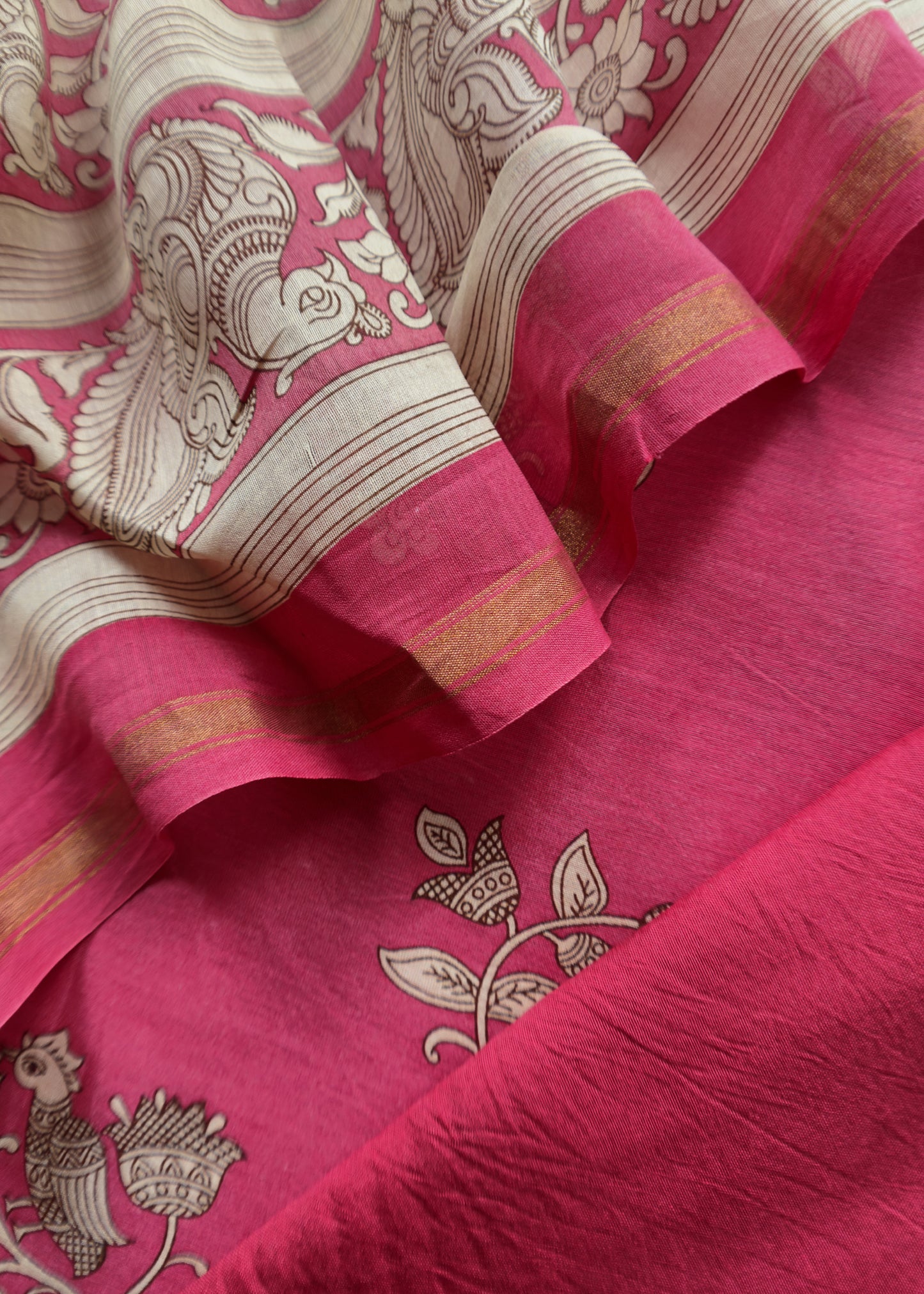 Deep Pink Kantha Embroidered Maheshwari Silk Madhubani Print Unstitched Suit