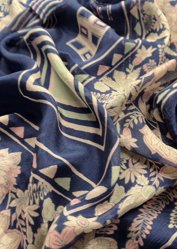 Navy Blue Pure Glace Cotton Kurta And Pure Chinon Dupatta With Applique Work