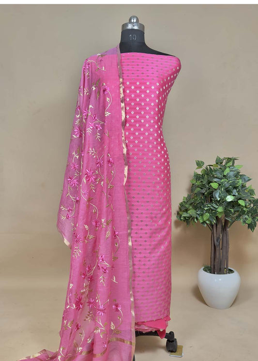 Pink Chanderi Banarasi Embroidered Suit Set