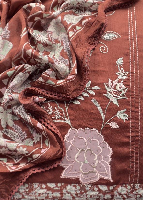 Rust Brown Pure Glace Cotton Kurta And Pure Chinon Dupatta With Applique Work