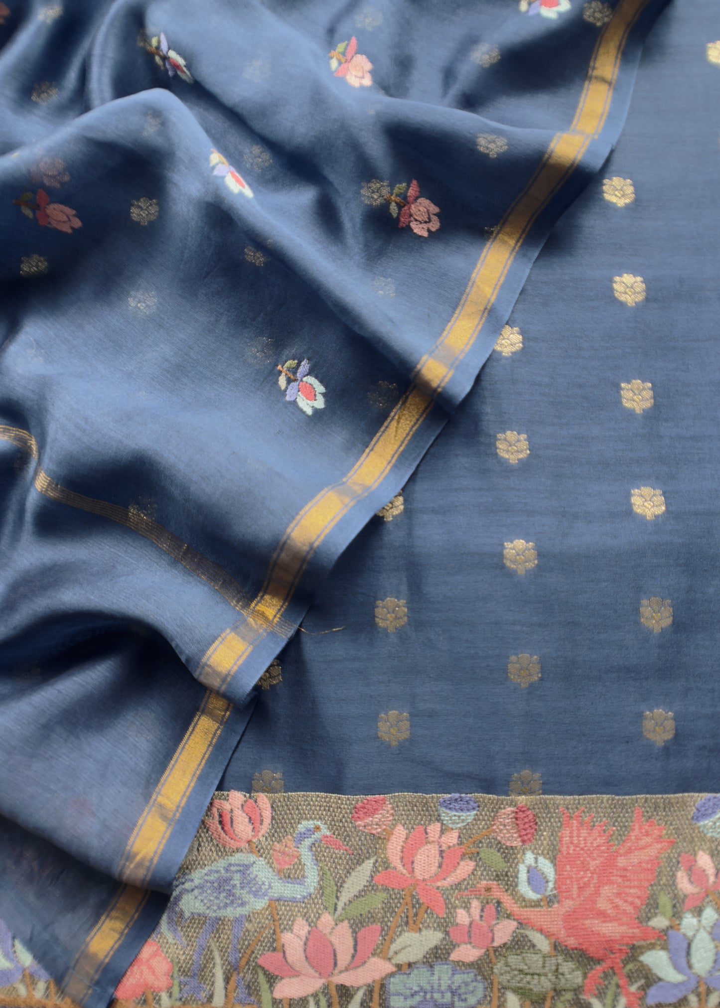 Classic Blue Handloom 70gm Chanderi Unstitched Suit Set With Multicolour Embroidery