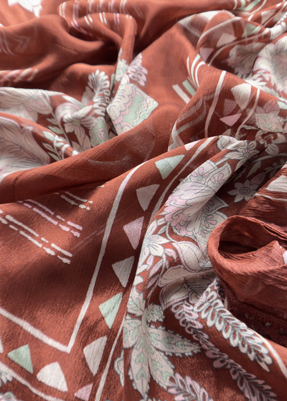 Rust Brown Pure Glace Cotton Kurta And Pure Chinon Dupatta With Applique Work