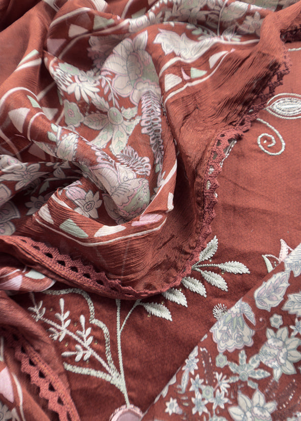Rust Brown Pure Glace Cotton Kurta And Pure Chinon Dupatta With Applique Work