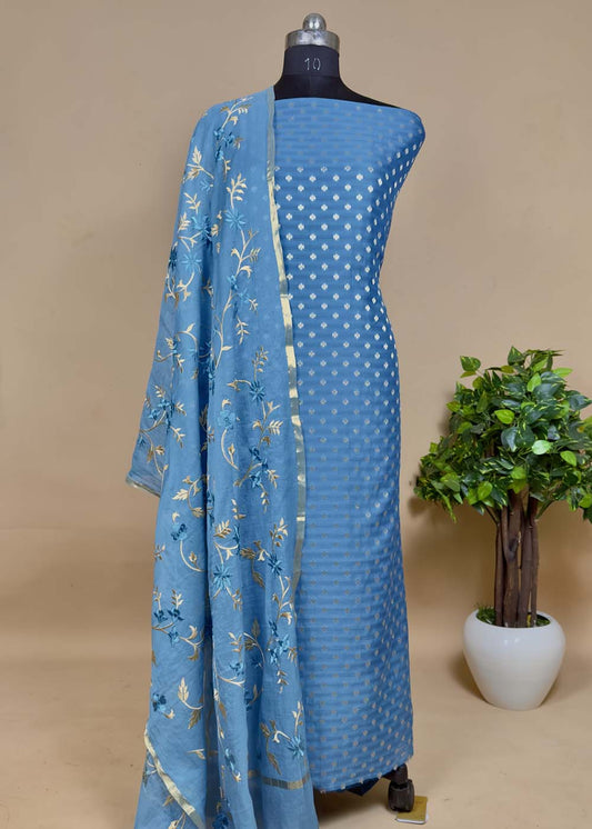 Blue Chanderi Banarasi Embroidered Suit Set