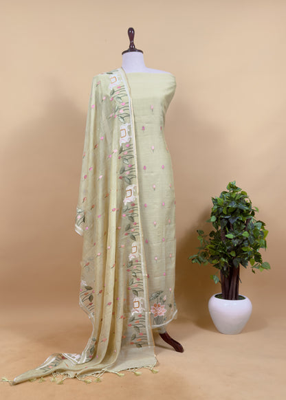Light Blue Grey Pure Mul Pichwai Unstitched Suit With Pichwai Embroidery