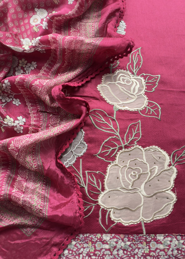 Cherry Pink Pure Glace Cotton Kurta And Pure Chinon Dupatta With Applique Work