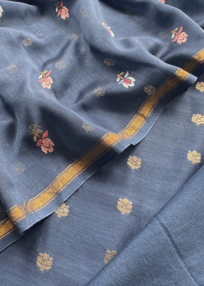 Classic Blue Handloom 70gm Chanderi Unstitched Suit Set With Multicolour Embroidery