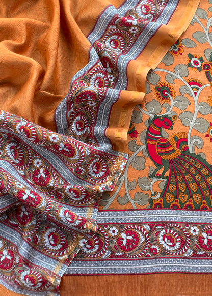 Yellow Maheshwari Silk Suit Fabric With Kalamkari Print