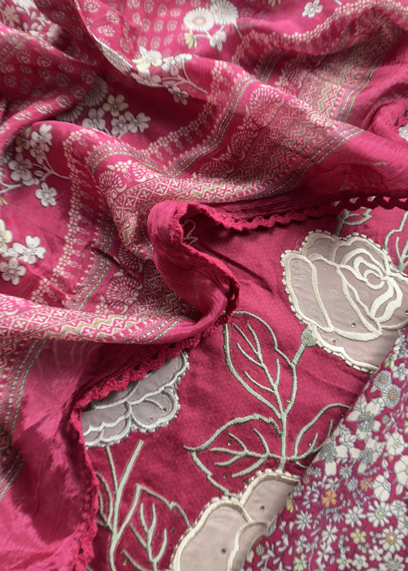 Cherry Pink Pure Glace Cotton Kurta And Pure Chinon Dupatta With Applique Work