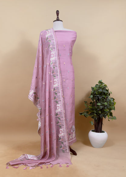 Light Blue Grey Pure Mul Pichwai Unstitched Suit With Pichwai Embroidery