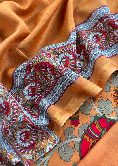 Yellow Maheshwari Silk Suit Fabric With Kalamkari Print