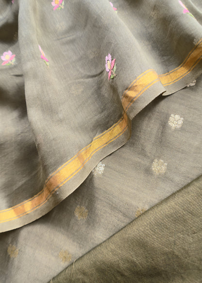 Mehendi Green Handloom 70gm Chanderi Unstitched Suit Set ith Multicolour Embroidery