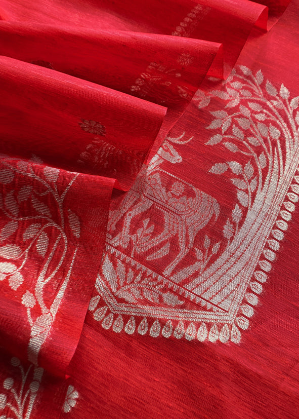Red Chanderi Unstitched suit with Gold zari Jamdani weaving