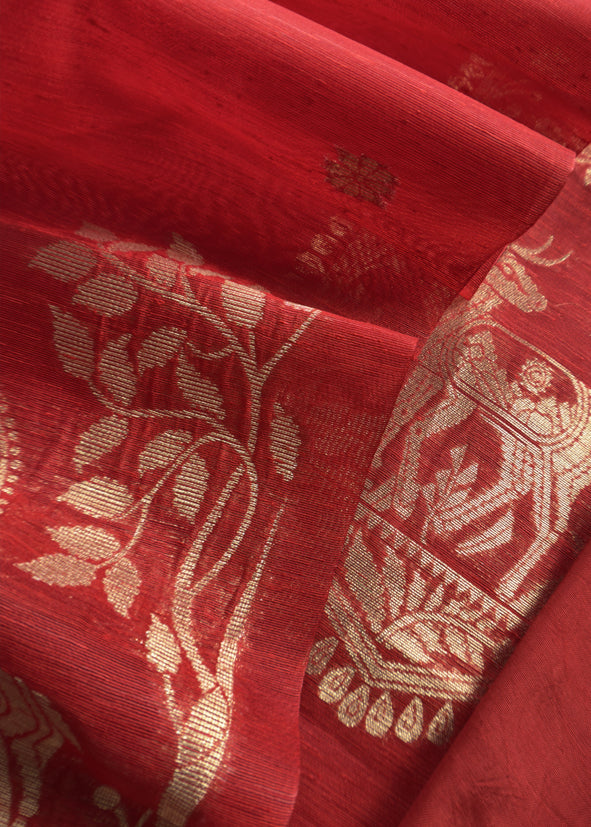 Red Chanderi Unstitched suit with Gold zari Jamdani weaving