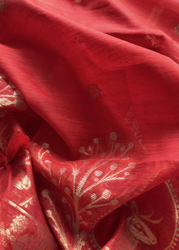 Red Chanderi Unstitched suit with Gold zari Jamdani weaving