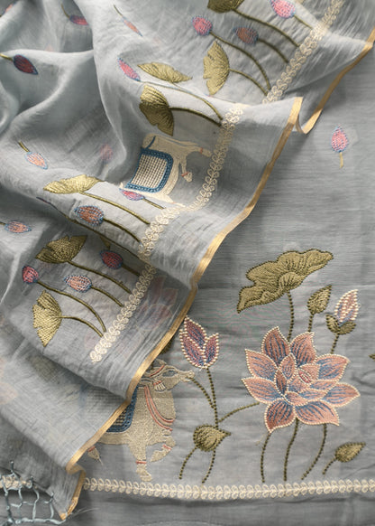 Light Blue Grey Pure Mul Pichwai Unstitched Suit With Pichwai Embroidery