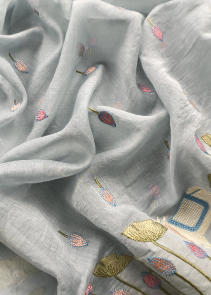 Light Blue Grey Pure Mul Pichwai Unstitched Suit With Pichwai Embroidery