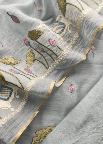 Light Blue Grey Pure Mul Pichwai Unstitched Suit With Pichwai Embroidery