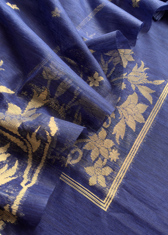 Blue Chanderi Unstitched suit with Gold zari Jamdani weaving