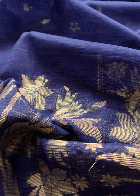 Blue Chanderi Unstitched suit with Gold zari Jamdani weaving