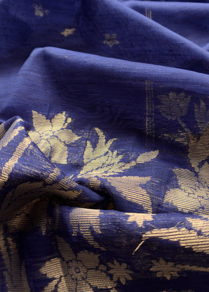 Blue Chanderi Unstitched suit with Gold zari Jamdani weaving