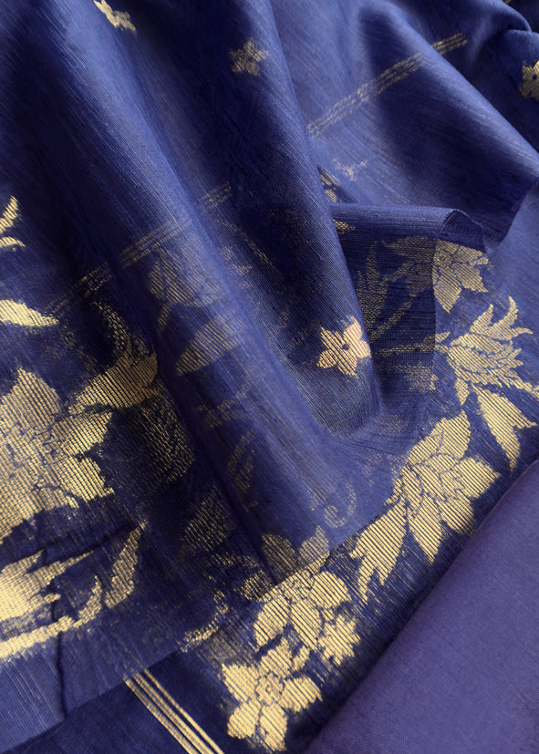 Blue Chanderi Unstitched suit with Gold zari Jamdani weaving