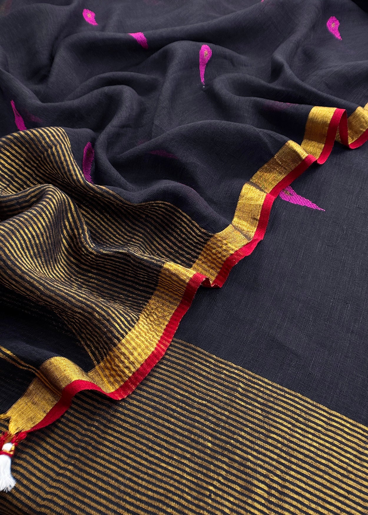 Black Pure Linen Suit Fabric With Gold Zari Needle Jamdani Weaving Handmade On Loom